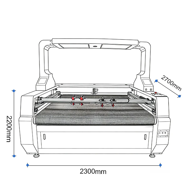 External dimensions drawing of the 1812 four-head vision fabric cutter