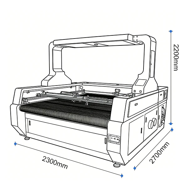 External dimensions drawing of the 1812 top-vision fabric laser cutter