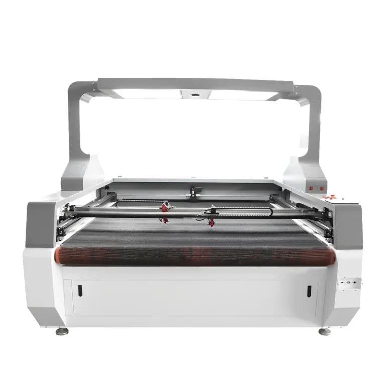 1812 fabric laser cutter with overhead vision frame and conveyor cutting table