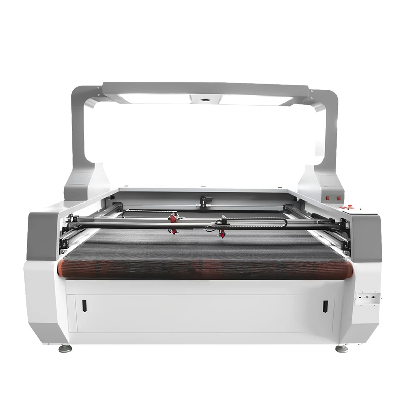 1812 fabric laser cutter with overhead vision frame and conveyor cutting table