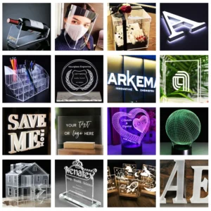 Acrylic sample collage with engraved plaques, cut letters and illuminated decorative shapes