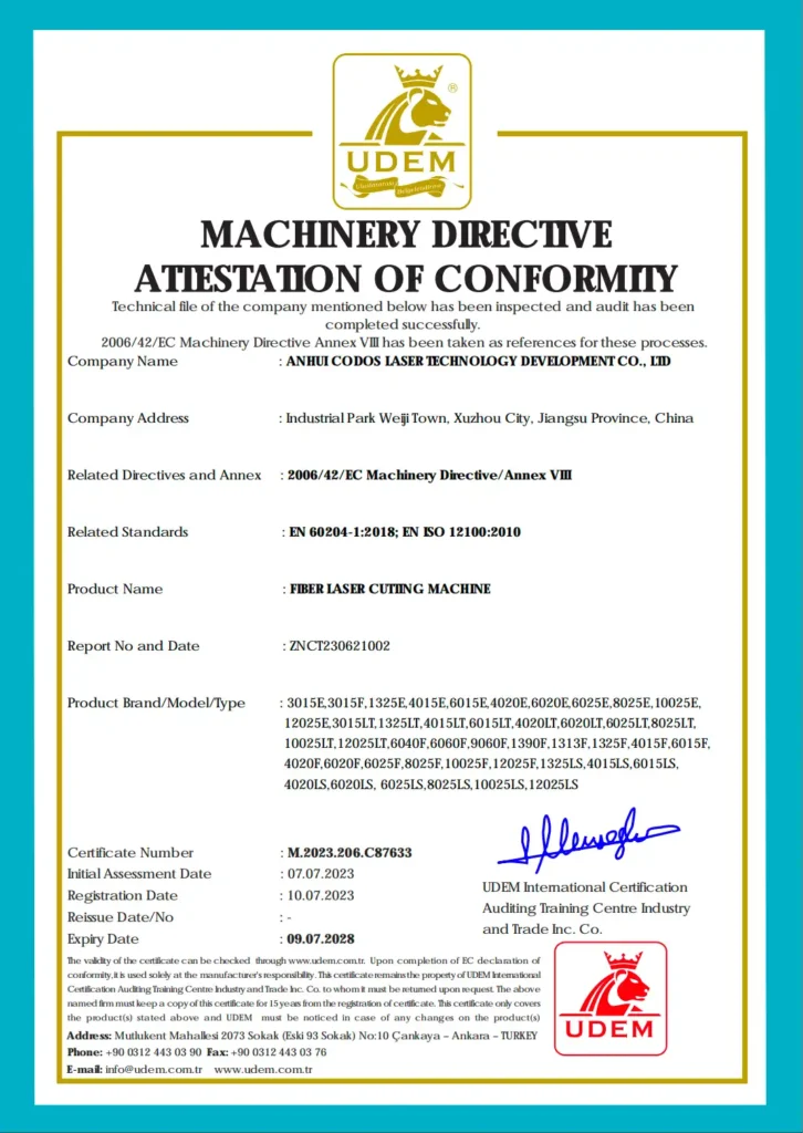 UDEM Machinery Directive conformity attestation for fiber laser cutting machines, certificate M.2023.206.C87633.