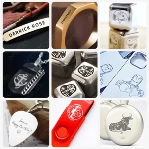 Collage of personalized bracelets, pendants, key rings and metal gift items