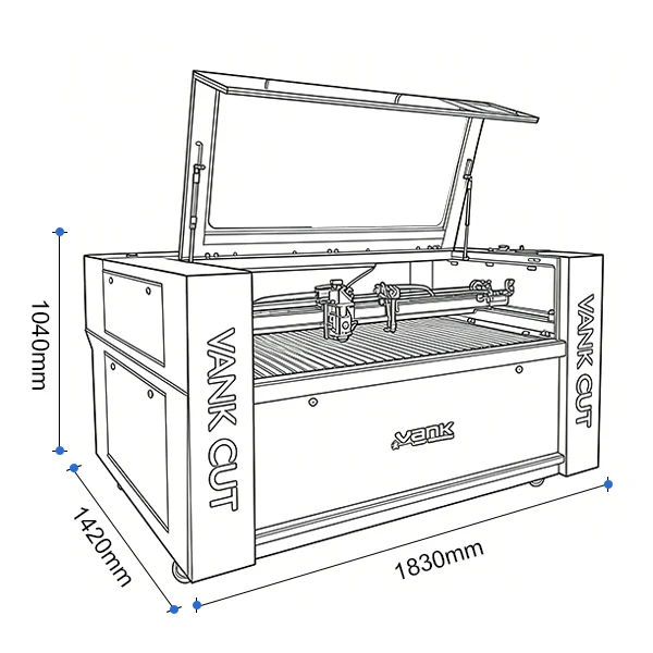 Dimension drawing of the hybrid dual-head CO2 laser cutter