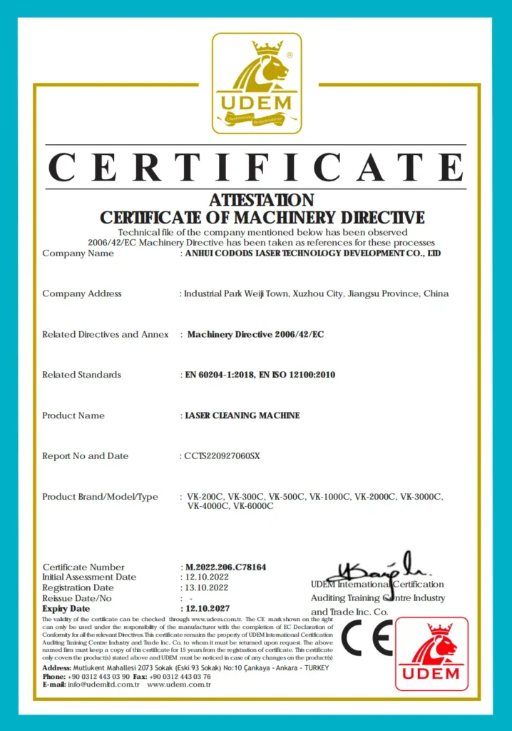 UDEM Machinery Directive attestation for VK-series laser cleaning machines, certificate M.2022.206.C78164.