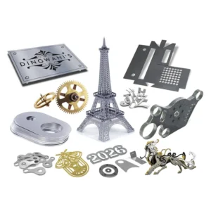 Metal sample parts including decorative cutouts, gears and model components