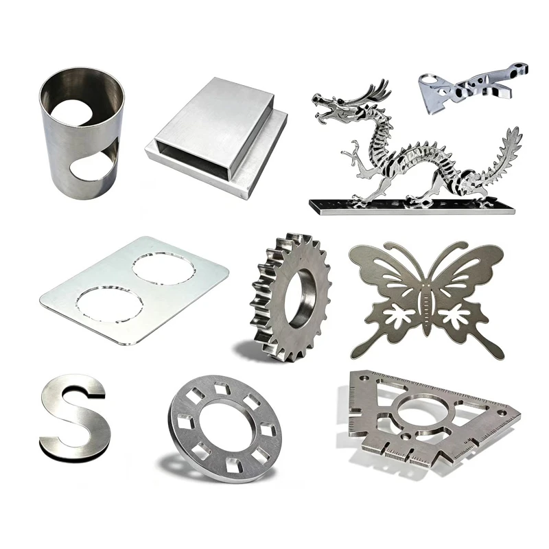 Metal cutting samples with a dragon, butterfly, gear and letter S