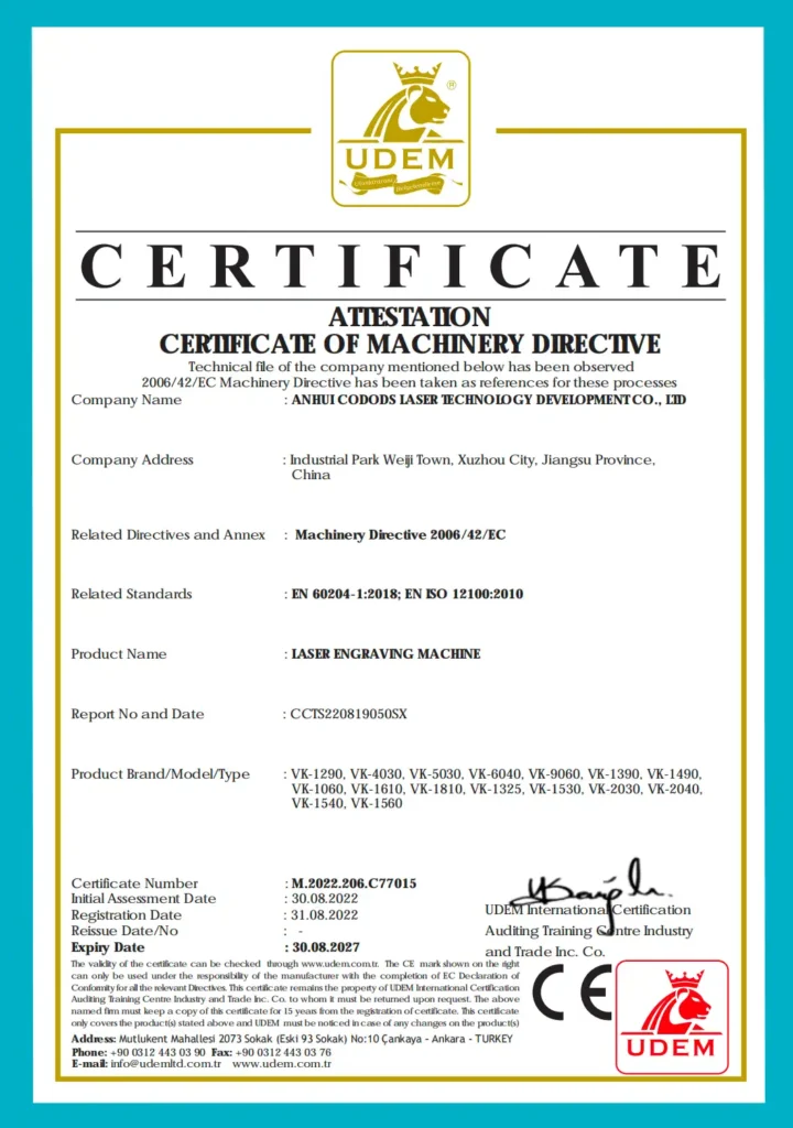 UDEM Machinery Directive attestation for VK-series laser engraving machines, certificate M.2022.206.C77015.