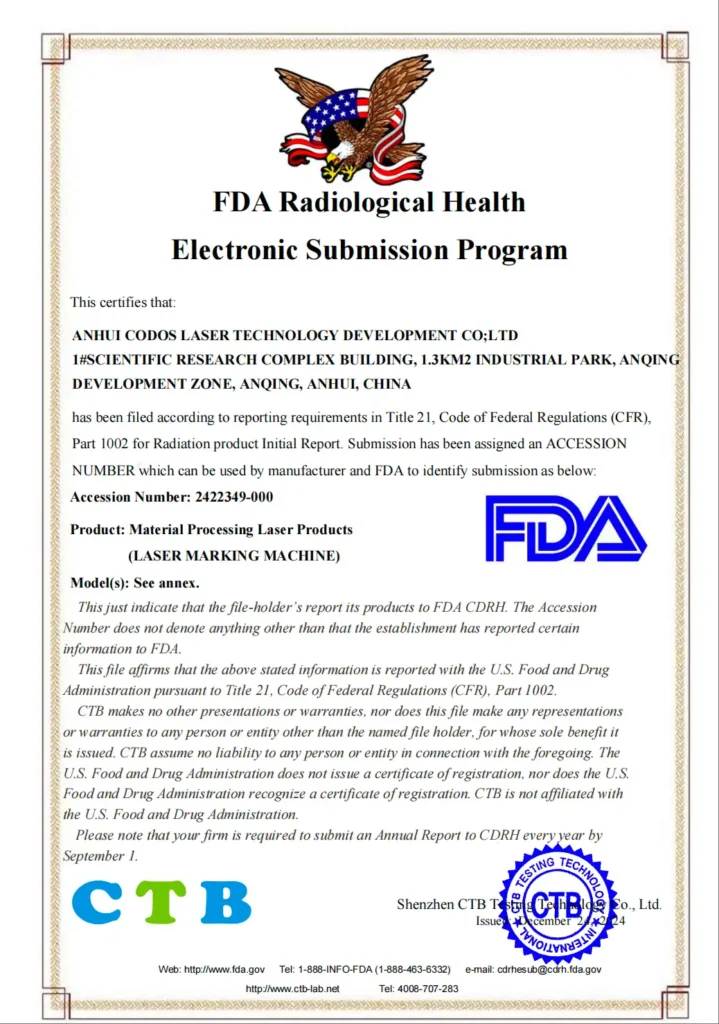 CTB submission document for laser marking machines, showing FDA radiological health accession number 2422349-000.