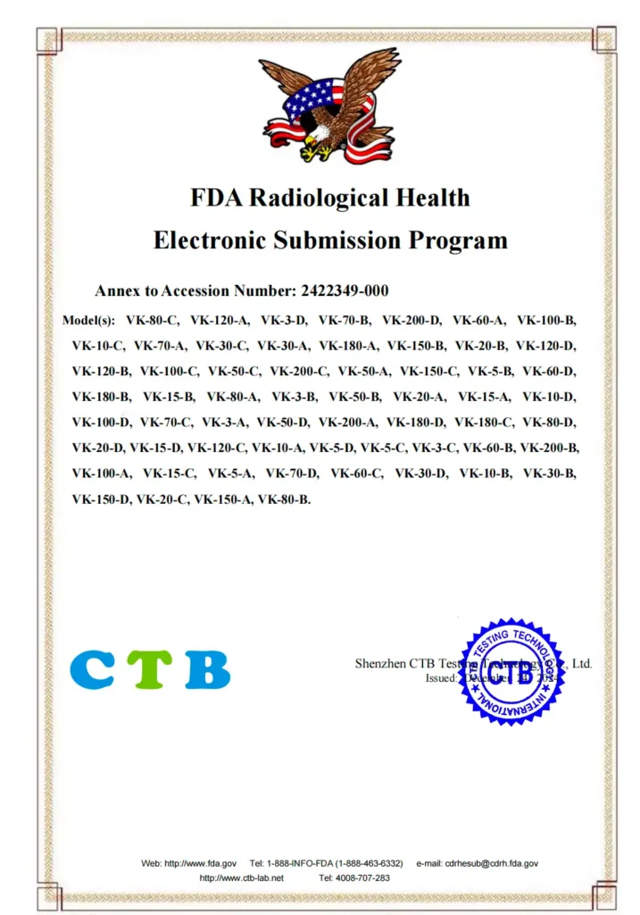 CTB model annex to FDA radiological health submission accession 2422349-000, listing VK-series laser marking models.