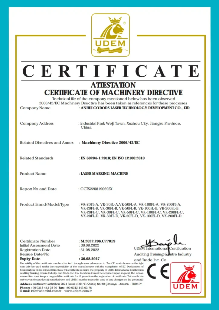 UDEM Machinery Directive attestation for VK-FL laser marking machines, certificate M.2022.206.C77019.