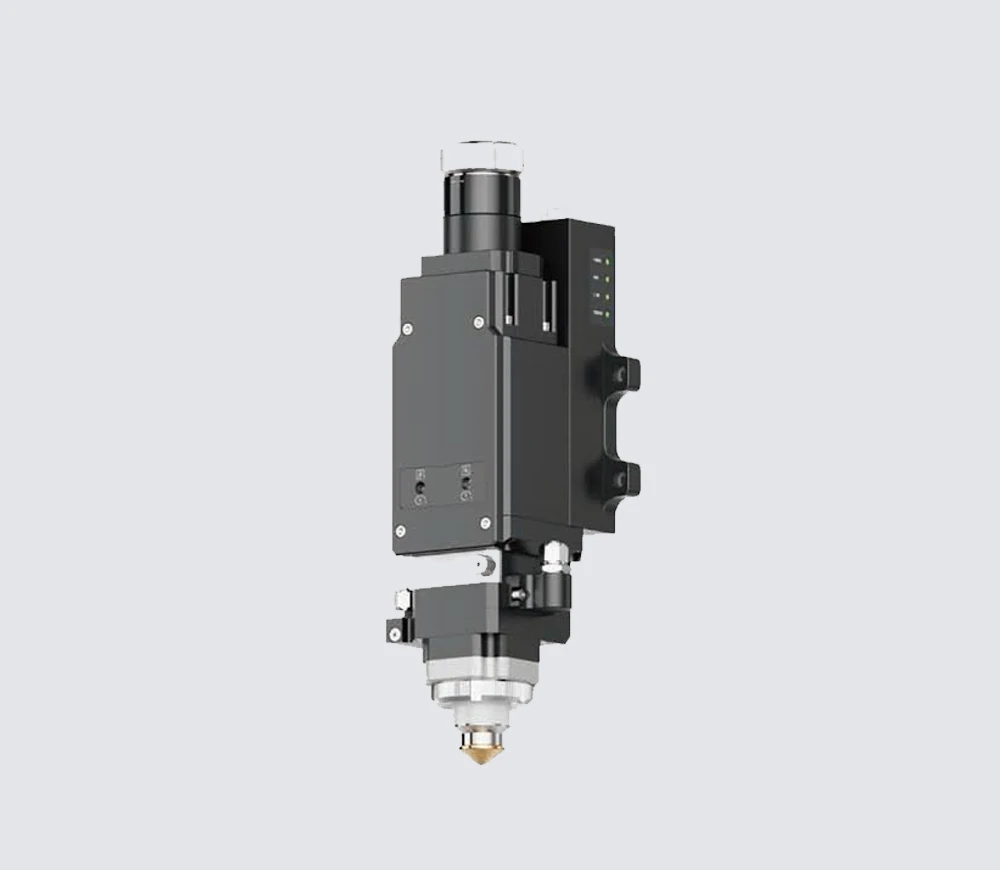 Laser tube cutting head with front adjustment knobs and a lower nozzle
