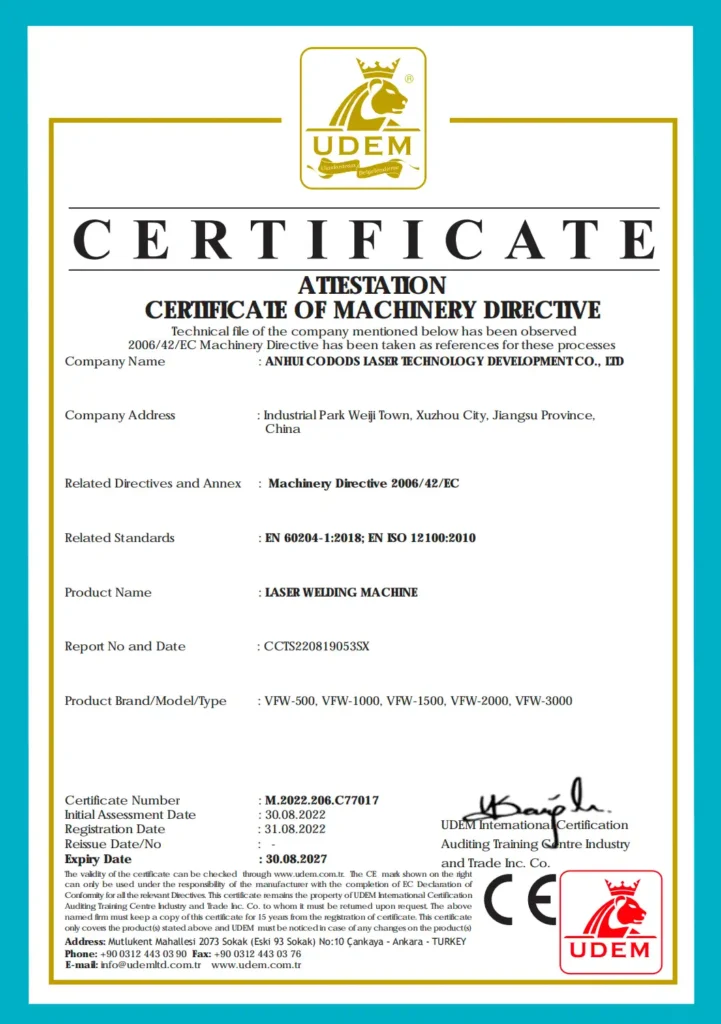 UDEM Machinery Directive attestation for VFW-series laser welding machines, certificate M.2022.206.C77017.