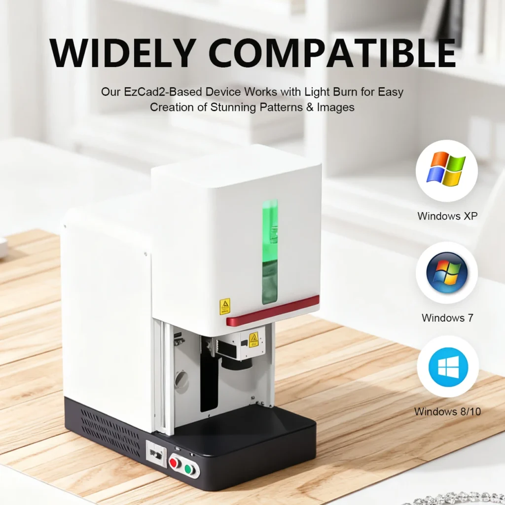 Mini fiber laser marker with its enclosure open beside a software compatibility graphic