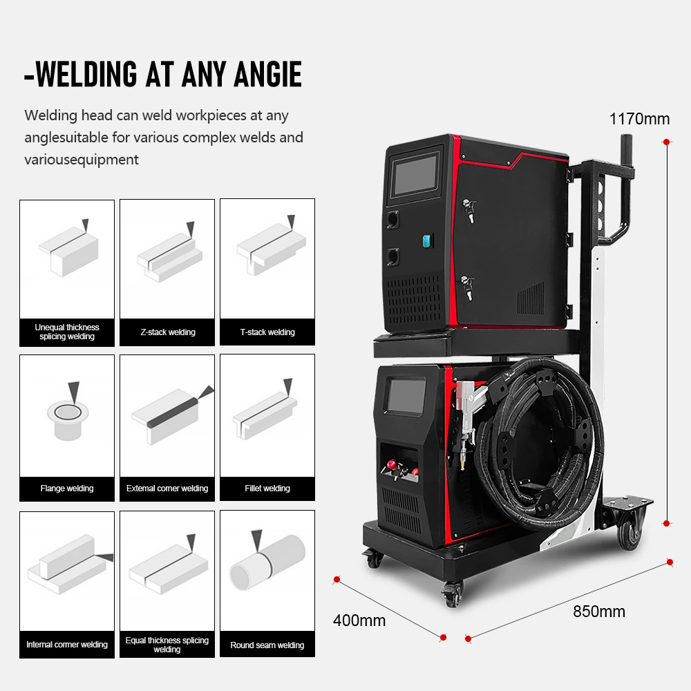Twin-wire laser welder layout with illustrations of different weld joints