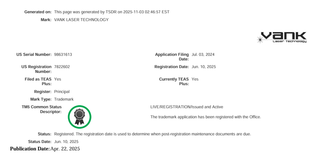 U.S. TSDR record for the VANK LASER TECHNOLOGY trademark, showing registration number 7822602.