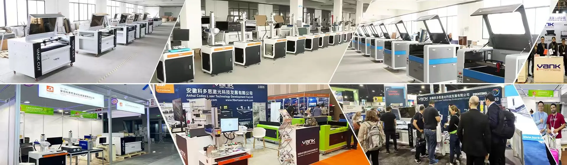 Collage of VANK LASER workshops, laser machines and exhibition stands