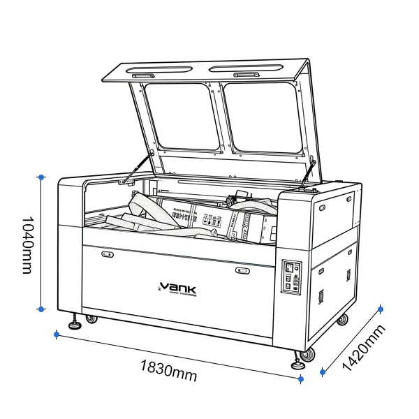 Dimension drawing of the dual-head VankCut-1610 CO2 cutter