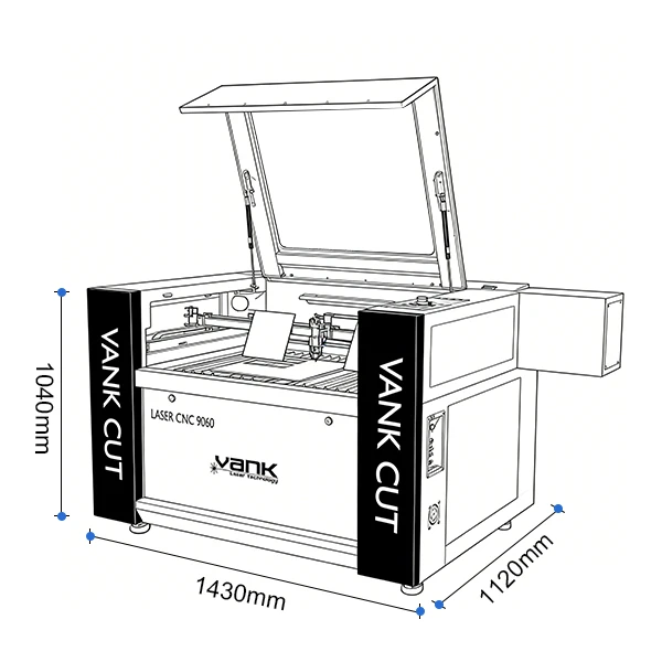 Dimension drawing of the VankCut-9060 CO2 laser cutter
